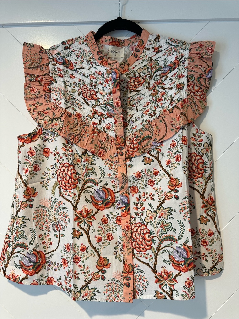 Sonmer Ruffled Floral Sleeveless Blouse - Coral/White